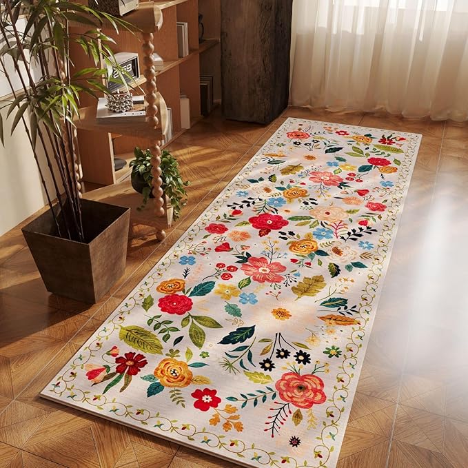 Rugcomf 2x5 Rug Runner - Floral Machine Washable Kitchen Rug, Non-Slip Low Pile Boho Carpet for Hallways, Laundry, Entryway, Bedroom, Bathroom - Beige