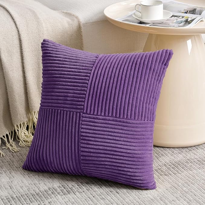 Fancy Homi 2 Packs Purple Samll Decorative Throw Pillow Covers 14x14 Inch with for Couch Bed Sofa, Rustic Farmhouse Boho Home Decor, Soft Corss Patchwork Corduroy Square Cushion Case 35x35 cm