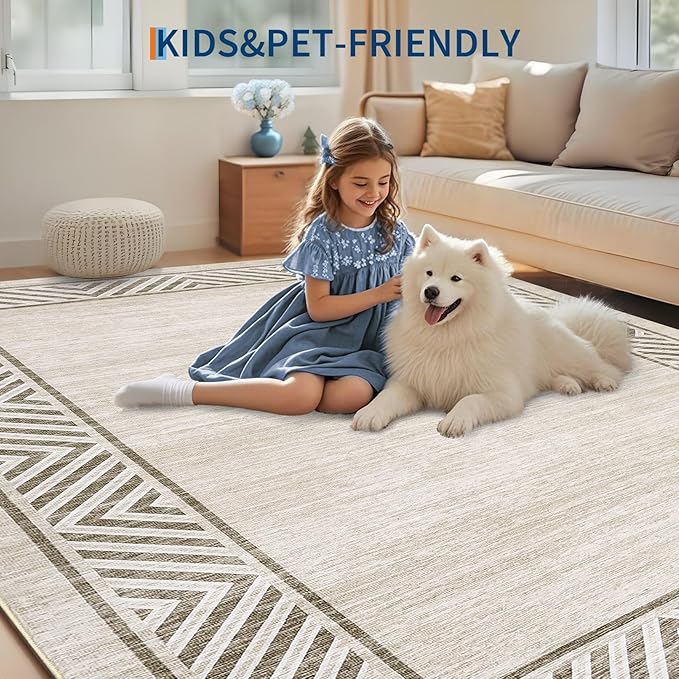 GarveeHome Large Modern Rug 9x12 Non-Slip Geometric Bordered Dining Room Rug, Machine Washable Low Pile Indoor Carpet, Non-Shedding Floor Mats, Easy to Clean, for Living Room, Bedroom, Beige