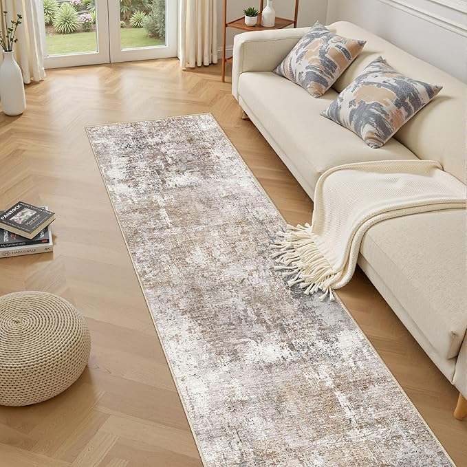 UERMEI 2X10 Washable Runner Rug for Hallway: Soft Neutral Modern Abstract Area Rug - Non-Slip Low Pile Long Throw Indoor Carpet for Kitchen Entryway Kitchen Bedroom Laundry Bathroom - Brown/Grey/Red