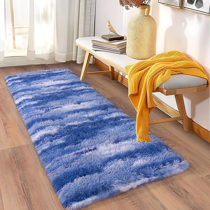 Soft Runner Rugs for Bedroom Hallways, 2x5 Abstract Blue White Fluffy Shag Throw Area Rug Non Slip for Bedside Dorm, Long Shaggy Furry Carpet for Nursery Living Room