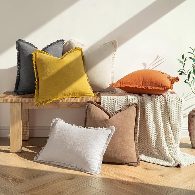 MIULEE Decorative Throw Pillow Covers Neutral Linen Fringe Throw Pillows Set of 2 Orange Boho Farmhouse Cushion Covers with Tassels for Couch Sofa Bed Living Room Spring Home Decor 18x18 Inch