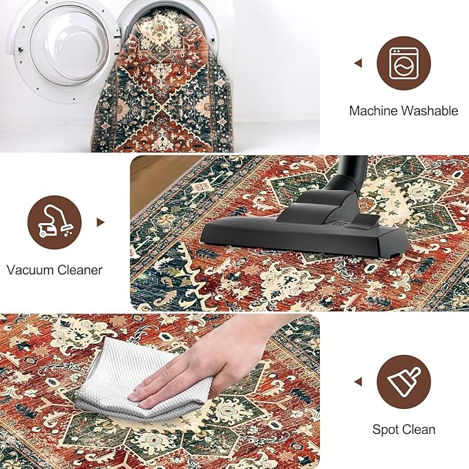 Yamaziot Washable Runner Rug, 3x8 Non-Slip Boho Vintage Hallway Rug with Rubber Backing, Low Pile Faux Wool Distressed Carpet Runner for Bedroom, Kitchen, Laundry, Entrance