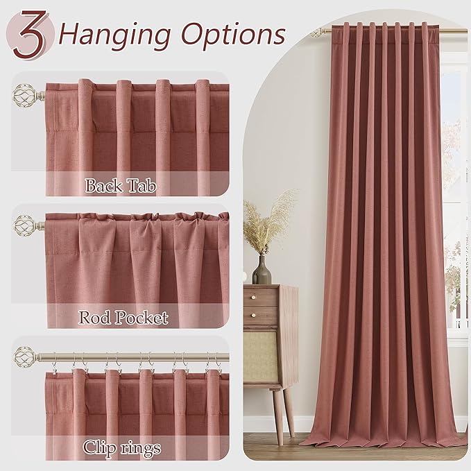 Dusty Rose 100% Blackout Linen Curtains 102 Inch Length 2 Panels Set for Girls Bedroom Back Tab Thermal Insulated Black Out Drapes Room Darkening Farmhouse Style for Bedroom Window Curtains 52x102