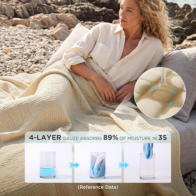 Bedsure 100% Cotton Muslin Blanket Queen Size for Bed - 4-Layer Breathable and Lightweight Thin Soft Summer Gauze Muslin Blankets for Adults, Linen Beige, 90x90 Inches