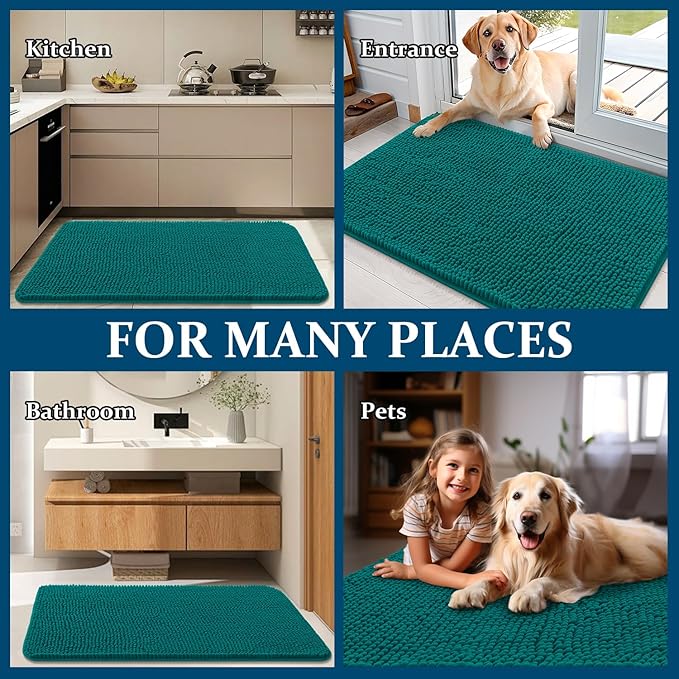OLANLY Dog Door Mat for Muddy Paws 59x32, Absorbs Moisture and Dirt, Absorbent Non-Slip Washable Doormat, Quick Dry Chenille Mud Mat for Dogs, Entry Indoor Entryway Carpet for Inside Floor, Lake Blue