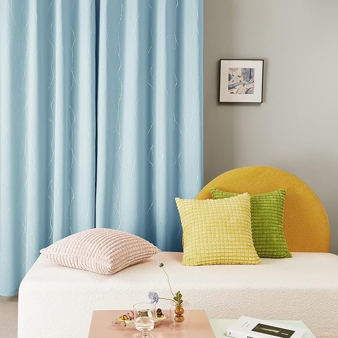 Deconovo Blackout Curtains, Thermal Insulated Soundproof Grommet Drapes, Wave Dot Foil Print, 52 x 54 Inch, Set of 2, Machine Washable Window Panel for Bedroom Living Room Nursery Kitchen, Light Blue