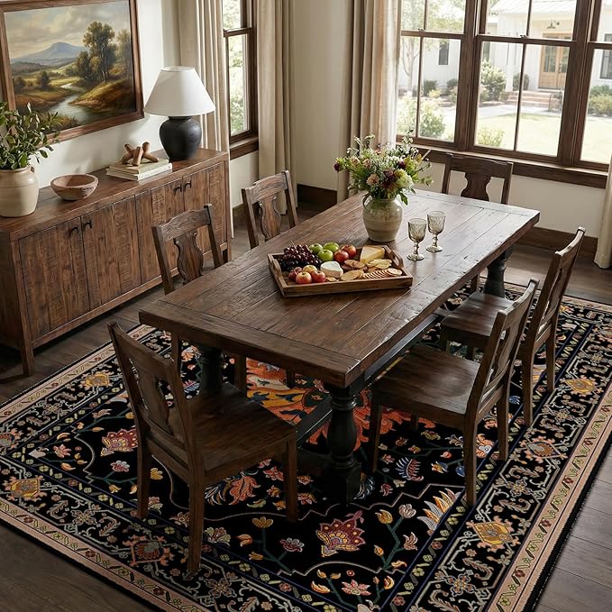Area Rugs 6'x8' Washable Non-Slip, Floral Vintage Distress Print Pattern Medallion Carpet for Living Room Bedroom Dining Room, Black Colorful Floral Dark Tan