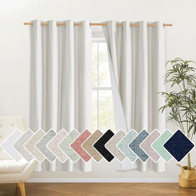 NICETOWN 100% Absolutely Blackout Linen Curtains with Thermal Insulated White Liner, Ivory, 52" Wide, 2 Pieces, Privacy Vertical Window Drapes for Office Laundry Living Room Windows 72 inch Long