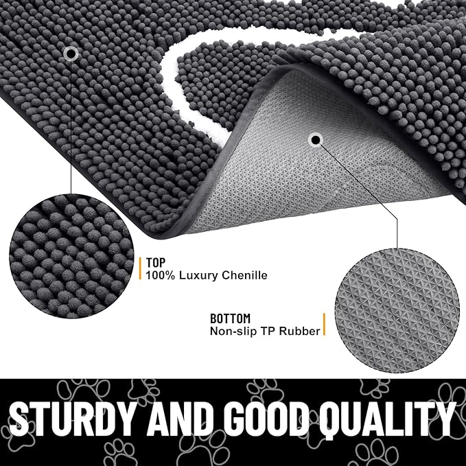 Smiry Dog Door Mat for Muddy Paws, Absorbent Dirt Trapper Non Slip Quick Dry Washable Chenille Mat for Mud Dogs, Entry Rug for Indoor and Outdoor (59x32 Inches, Dark Grey and White)