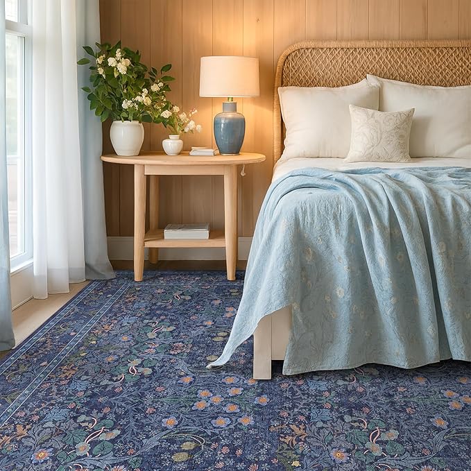 Washable Dark Blue Rug for Living Room - 10x14 Large Area Rug for Dining Room Under Table, Bedroom, Soft Low Pile Non-Slip Stain Resistant Carpet - Vintage Navy Floral Design