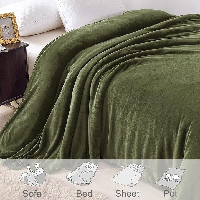 Exclusivo Mezcla Fleece Blanket King Size for Bed, Super Soft and Warm, All Season, Cozy, Plush, Lightweight, 90x104 Inches, Olive Green