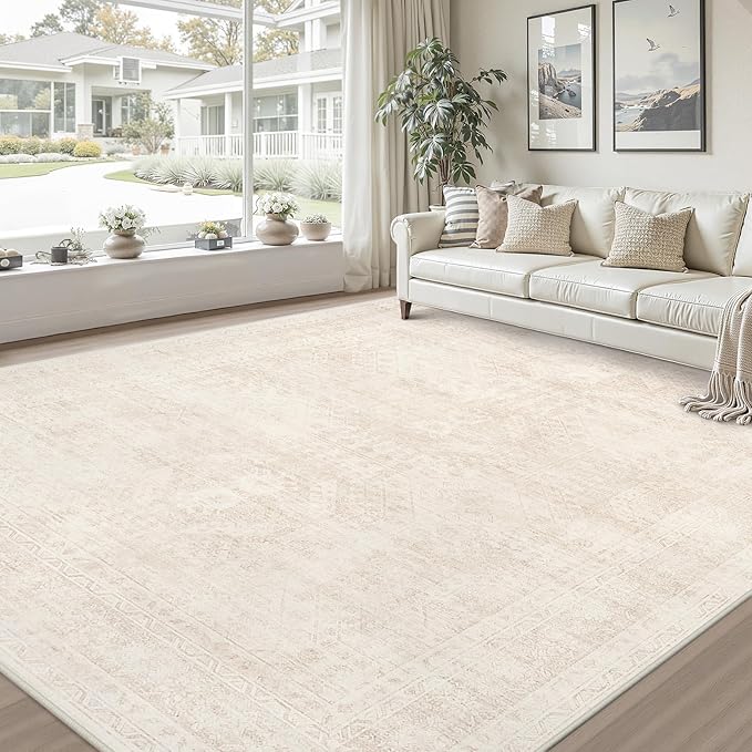 Area Rugs 9x12 Living Room: Vintage Boho Neutral Washable Rug Indoor Soft Large Area Rug Carpet for Bedroom Nursery Farmhouse Dining Room Office Floor Non-Slip Low Pile Under Table Rug Beige