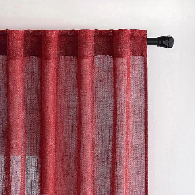 MIULEE Burgundy Red Kitchen Curtains 30 Inch Length 2 Panels, Soft Thick Linen Textured Semi Sheer Light Filtering Short Cafe Tier Curtains for Small Half Window Back Tab Rod Pocket Christmas Decor