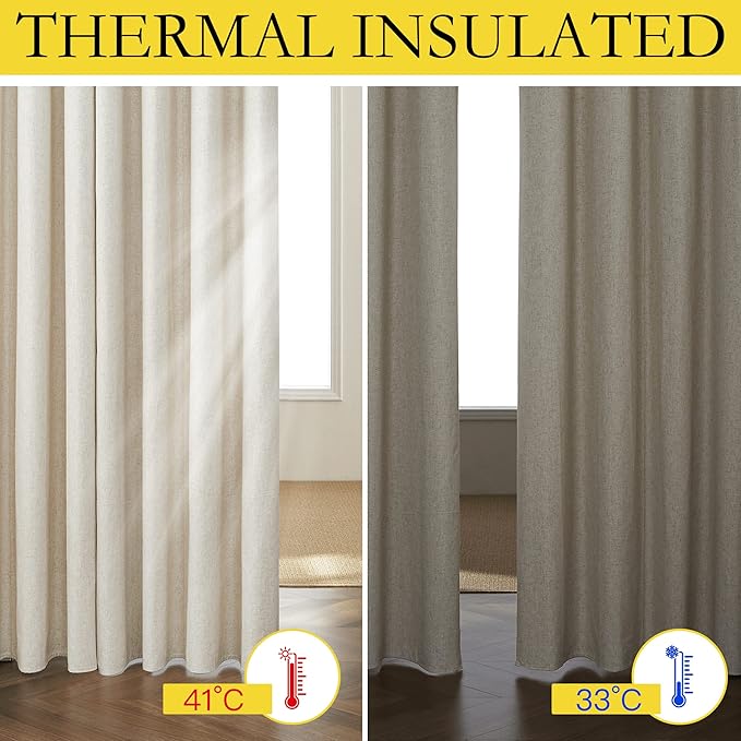 NICETOWN Natural Linen Complete Blackout Cold Reducing Curtains 48 inches for Kids Room, 2 Panels, Thermal Insulated & Noise Reducing Window Draperies with White Liner, Noise Reducing Short Drapes