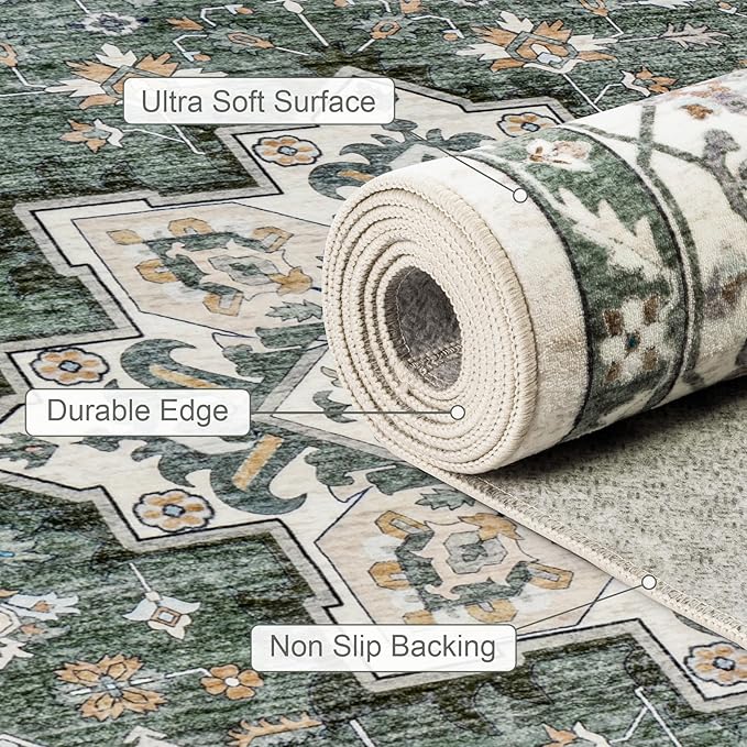 Area Rugs 9x12 Living Room Rug: Washable Rug Soft Vintage Boho Medallion Carpet Indoor Non-Slip Stain Resistant Large Carpets for Bedroom Dining Room Farmhouse Nursery Home Office Green Ivory