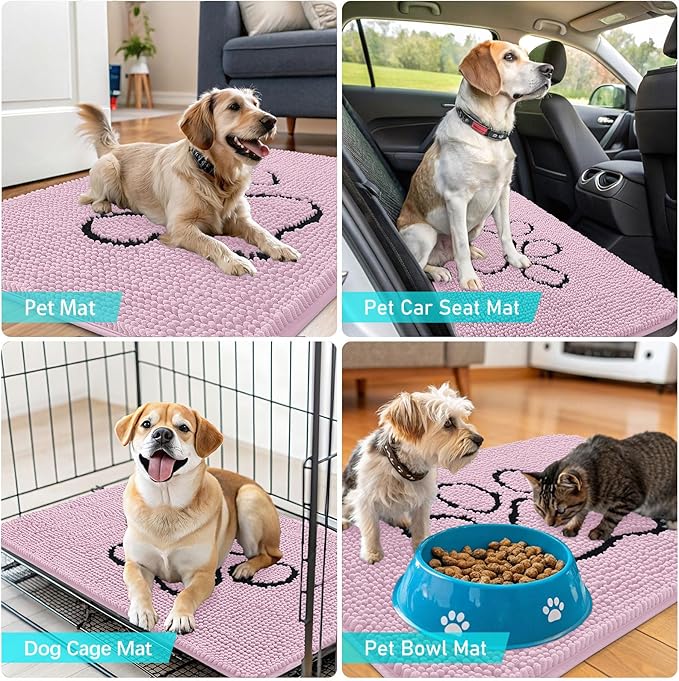 OLANLY Dog Door Mat for Muddy Paws 48x30, Paw Print Design, Absorbs Moisture and Dirt, Non-Slip Washable Doormat, Quick Dry Chenille Mud Mat for Dogs, Entry Indoor Entryway Carpet, Dusty Rose