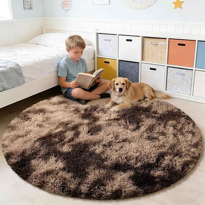 Tie-Dyed Coffee Fluffy Round Rug,Soft Area Rugs for Girls Room,Shaggy Rugs 4'X4' for Living Room,Non Slip Circle Rug for Kids Bedroom,Shag Plush Nursery Carpets,Fuzzy Rug for Dorm,Room Decor Carpet