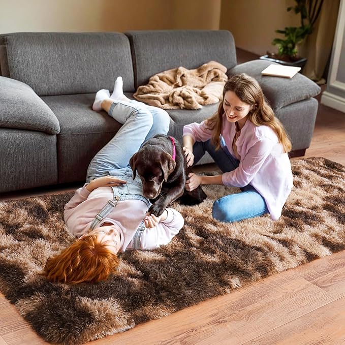 Pionblank Fluffy Runner Rugs for Bedroom 2x6, Modern Shaggy Brown Area Rug for Hallway Living Room, Plush Soft Fuzzy Bedside Carpet for Kids Girls Boys Room Nursery, Tie-Dyed Coffee