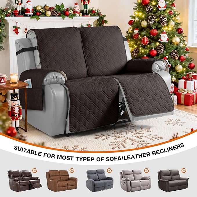 VANSOFY Waterproof Recliner Couch Covers, Sofa Covers 1-Piece Washable Reclining Sofa Cover Non-Slip Furniture Protector with Elastic Straps Pocket for Dogs, Pets(Chocolate,2 Seater)