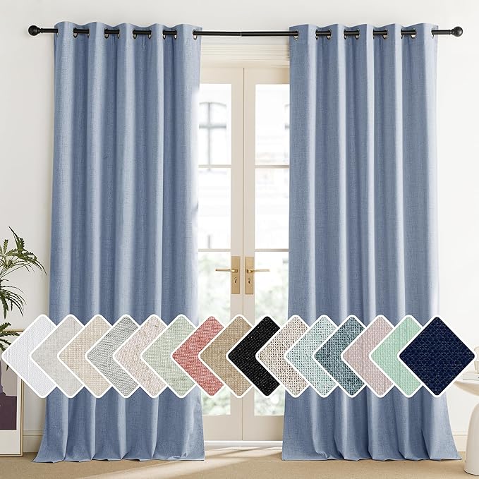 NICETOWN Stone Blue Vintage Linen 100% Blackout Curtains for Living Room, Thermal Insulated Curtains 84" Long, Noise Reducing Window Treatment Drapes for Dining Room, 62" Wide Per Panel, Set of 2