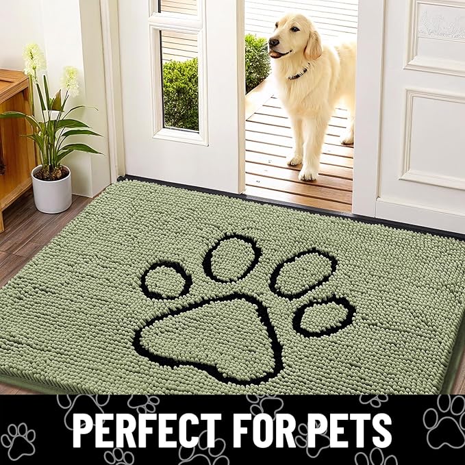 Smiry Dog Door Mat for Muddy Paws, Absorbent Dirt Trapper Non Slip Quick Dry Washable Chenille Mat for Mud Dogs, Entry Rug for Indoor and Outdoor (36x24 Inches, Sage Green and Black)
