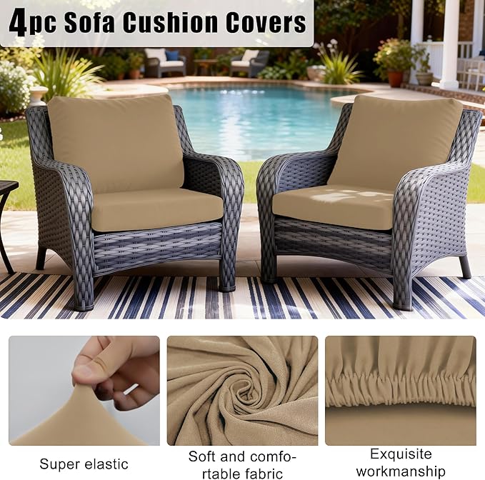4Pcs Outdoor Cushion Covers, Patio Cushion Covers,Stretch Elastic Slipcovers, Replacement Washable & Reusable Furniture Protector for Patio Couch (Khaki,Cover Only)