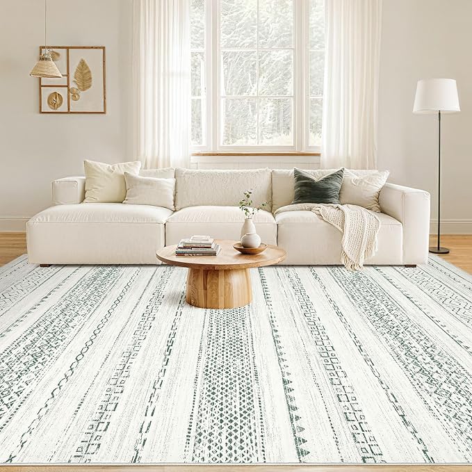 Nakagishi Green Rug Living Room 5x7: Washable Boho Large Neutral Farmhouse Soft Area Rugs Modern Stain Resistant Moroccan Indoor Non Slip Floor Carpet for Bedroom Nursery Kids Playroom Office