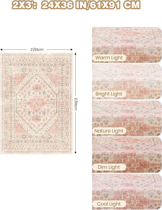 Entryway Rug - 2x3 Washable Rug Runner for Bathroom, Laundry Room, Kitchen, Soft Vintage Hallway Runner for Bedroom, Non-Slip Door Mat Indoor Entrance(Pink,2'x3')