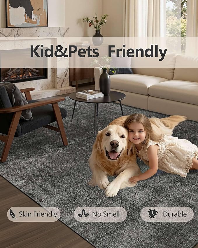 Latte&Fog 5x7 Area Rugs for Living Room Bedroom, Black Modern Abstract Neutral Washable Rug, Boho Non Slip Low Pile Carpet for Dining Room, Dorm, Classroom,College Dorm,Farmhouse and Kids Room - Black