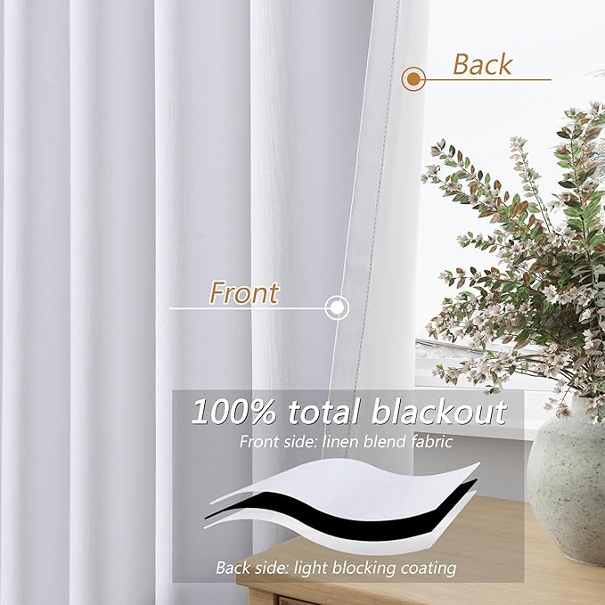 Guken White 100% Blackout Linen Curtains 54 Inch Length 2 Panels Set for Living Room Bedroom Back Tab Thermal Insulated Black Out Linen Drapes Room Darkening Window Curtains