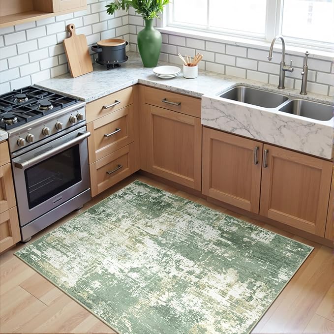 Washable Area Rugs 3'x5' Non-Slip Modern Abstract Soft for Living Room Entryway Bedroom Nursery, Print Pattern, Light Green/Yellow