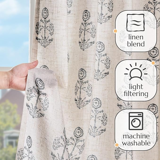jinchan Linen Floral Curtains for Living Room 84 Inch Length Black Flower Cottage Core Farmhouse Curtains Rod Pocket Back Tab Boho Semi Sheer Window Drapes Bedroom Set 2 Panels Black on Beige