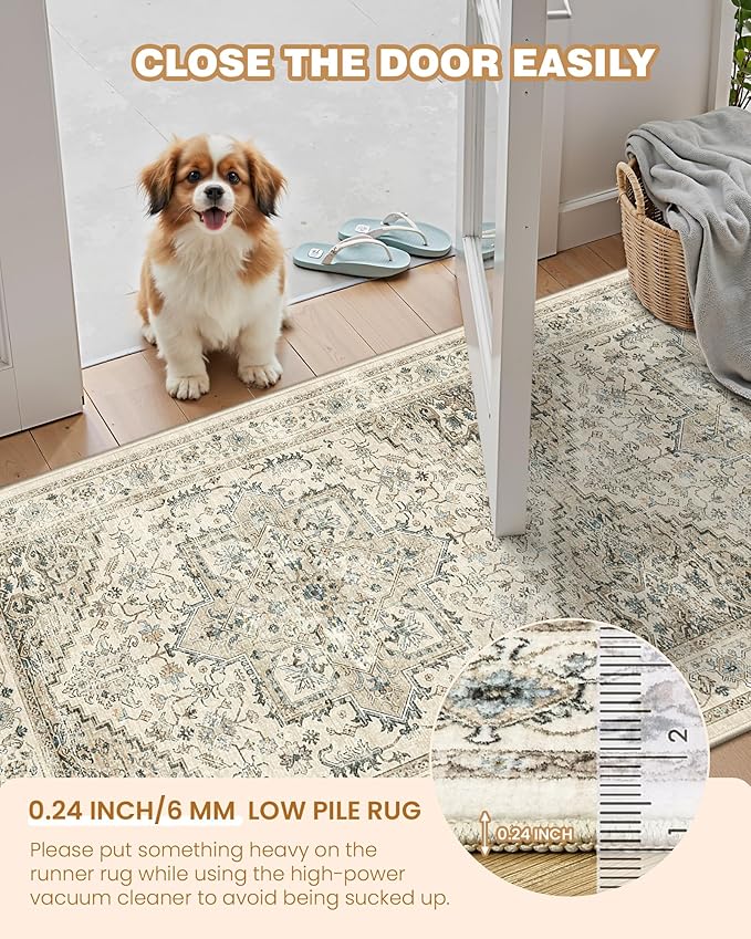 Runner Rug 2x6, Non Slip Washable Rugs for Laundry Room, Runners for Hallways, Low Pile Vintage Soft Rugs for Living Room, Kitchen Bathroom,Bedroom Rug(Brown/Beige,2'x6')