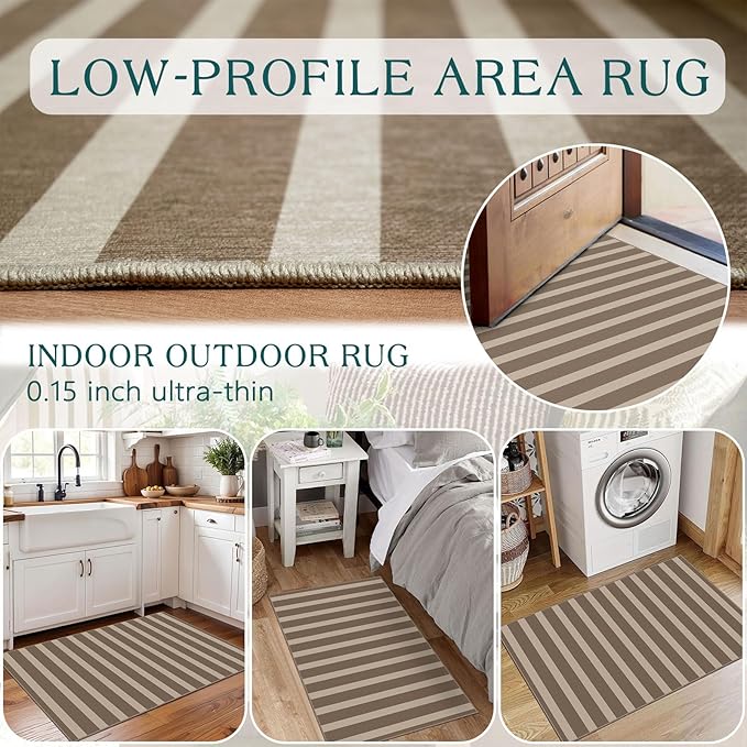 Front Door Mat Outside Entrance - 2x3 Brown Beige Striped Non-Slip Washable Doormat Indoor Outdoor Mat Entry Rug Small Layered Area Rug for Entryway Kitchen Front Porch Decor