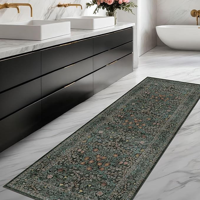 Non Slip 2x6 Kitchen Runner Rug Washable, Rubber Backed Bathroom Runner, Boho Vintage Floral Botanical Dark Green Non Skid Low Pile Soft Carpet for Entryway, Laundry Room, Hallway Mats for Floor