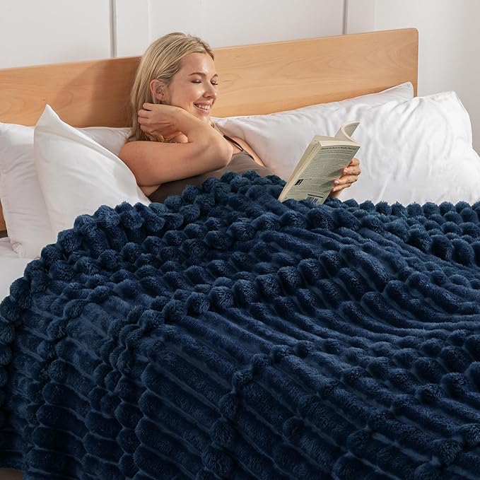 Exclusivo Mezcla California King Size Flannel Fleece Blanket, Super Soft Striped Jacquard Bed Oversized Blanket, Lightweight Fuzzy Cozy for All Seasons, 120x120 Inches, Navy Blue