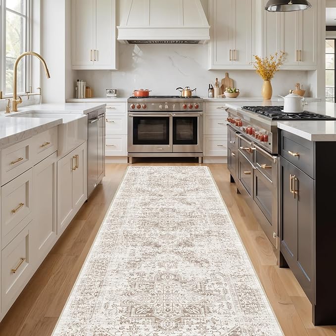 Hallway 3x10 Runner Rug - Vintage Non-Slip Long Rug for Entryway Low-Pile Washable Medallion Runner Rugs for Hallway Waterproof Traditional Runner Rug Indoor Thin Rug for Kitchen (Ivory/Beige)