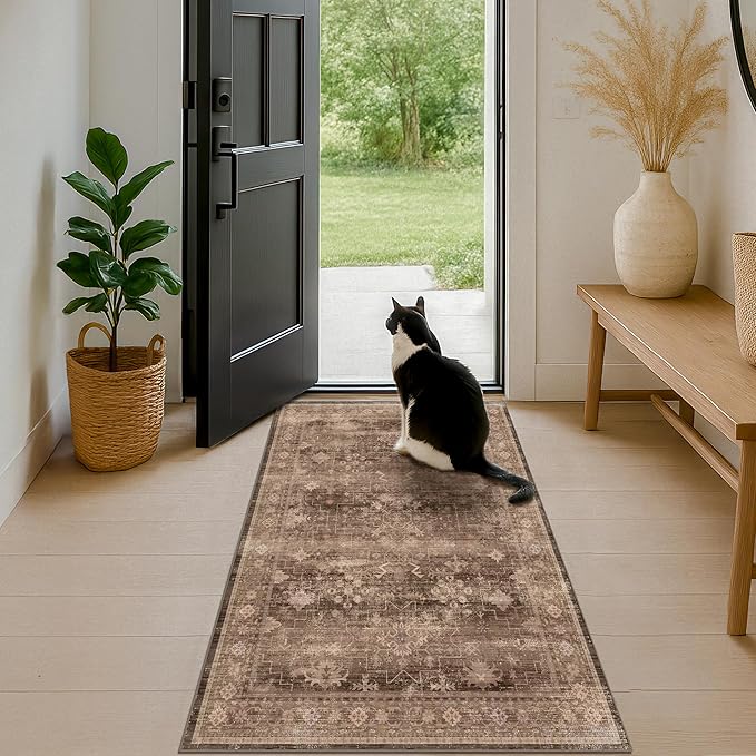 Brown Boho Washable 3x6 Entryway Runner Rug, Indoor Hallway Kitchen Floor Rug, Non-Slip Stain & Fade Resistant, Vintage Dark Neutral Floral Decor