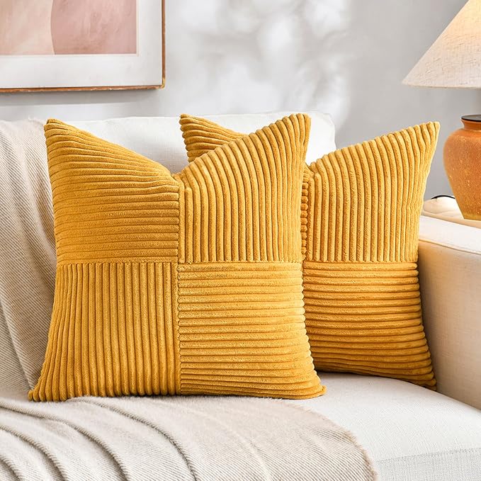Fancy Homi 2 Packs Gold Yellow Euro Decorative Throw Pillow Covers 26x26 Inch for Couch Bed Sofa, Rustic Farmhouse Boho Home Decor, Soft Corss Corduroy Patchwork Textured Square Cushion Case 66x66 cm