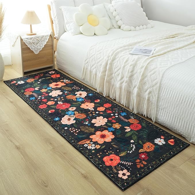 Rugcomf Runner Rug for Hallways Kitchen Rug Non Slip 2'x 6' Washable Runner Rugs with Rubber Backing Soft Floral Carpet Runner for Hallways, Kitchen, Laundry, Bedroom, Bathroom(Black)