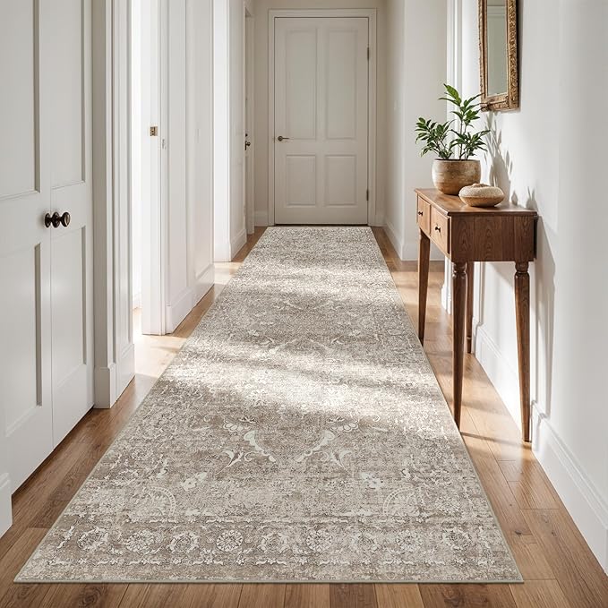 4x12 Washable Hallway Runner Rug - Wide Kitchen Runners Vintage Low Pile Carpet Soft Thin Floor Runner with Rubber Backing for Entryway Bedroom Living Room Home Decor (Beige)