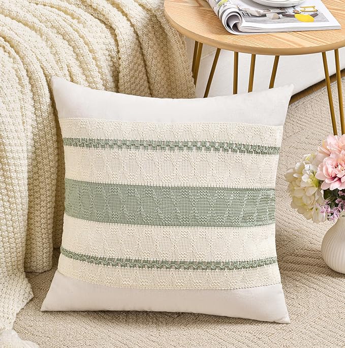 Fancy Homi Set of 1 Sage Green Boho Big Decorative Throw Pillow Covers 24x24 Inch for Living Room Bedroom Couch Bed, Rustic Retro Cushion Case, Bohemian Room Home Decor