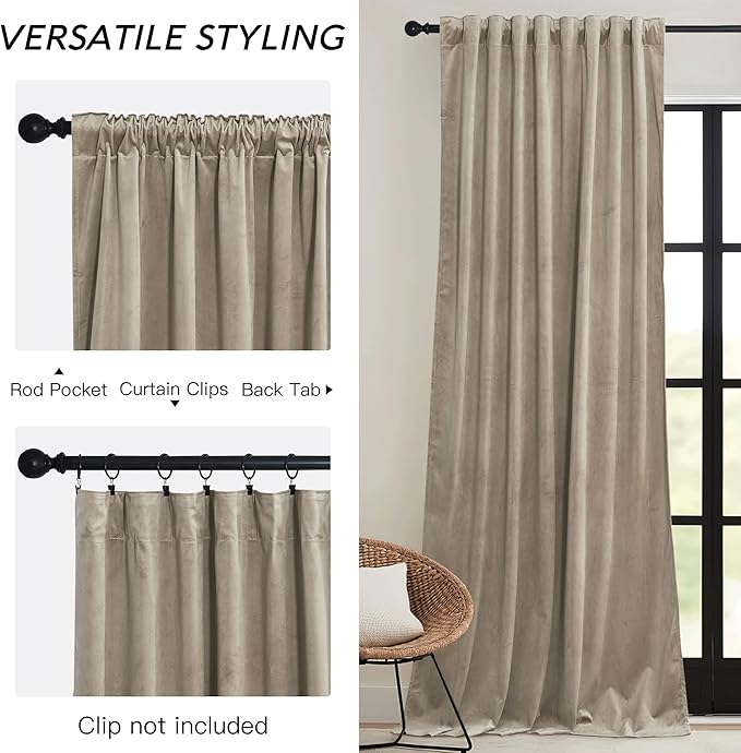 RYB HOME Camel Beige Velvet Curtains 96 inch, Room Darkening Window Curtains with Multiple Hanging Options Heavy Duty Plush Backdrop for Bedroom Guest Room, W52 x L96 inch, 2 Panels