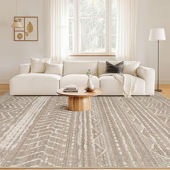 Nakagishi 9x12 Area Rug Living Room: Washable Boho Large Neutral Modern Soft Farmhouse Rugs Stain Resistant Indoor Floor Non-Slip Carpet for Bedroom Nursery Kid Playroom Office Dining Room- Dark Brown