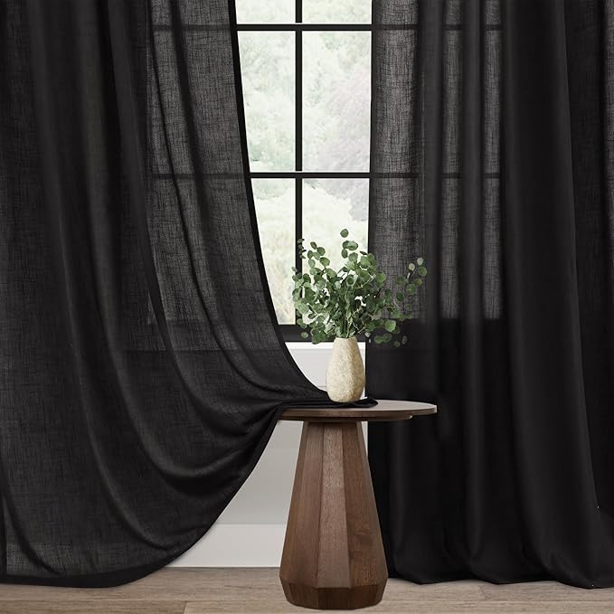 Black Linen Curtains 45 inches Long for Bedroom Back Tab Light Filtering Privacy Semi Sheer Black Curtains Living Room Boho Rustic Farmhouse Cotton Textured Gauze Curtain 2 Panel Set