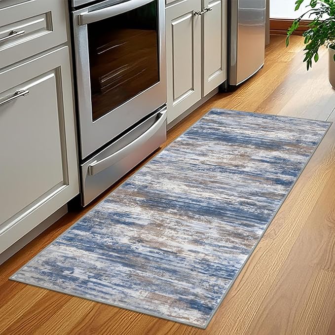 KOZYFLY Kitchen Runner Rug for Hallway Non-Slip Modern Abstract Runner Rug 2x5 Blue Rust, Washable Carpet Runner Laundry Room Mat with Soft Low Pile for Entryway Bathroom Bedroom Kitchen