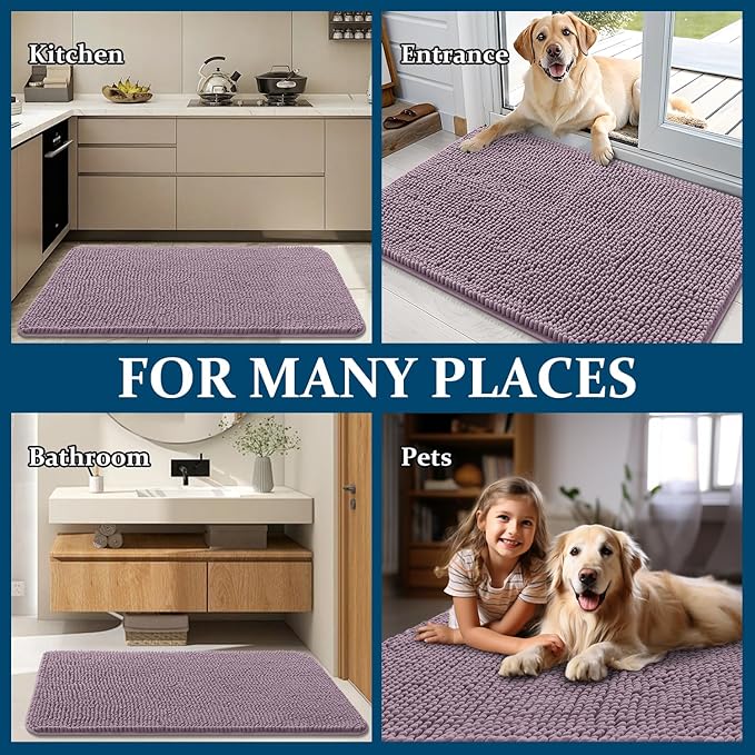 OLANLY Dog Door Mat for Muddy Paws 59x24, Absorbs Moisture and Dirt, Absorbent Non-Slip Washable Doormat, Quick Dry Chenille Mud Mat for Dogs, Entry Indoor Entryway Carpet for Inside Floor, Deep Plum