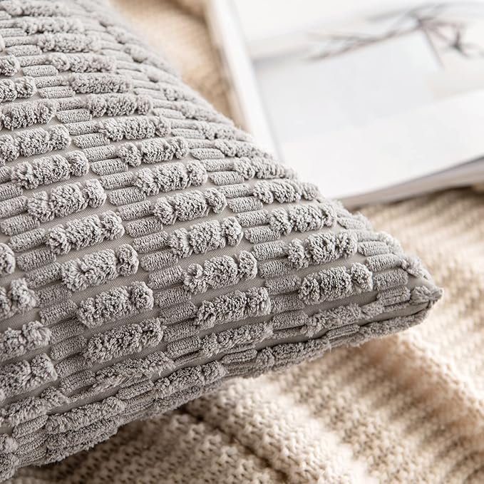 MIULEE Pack of 2 Corduroy Decorative Throw Pillow Covers 20x20 Inch Soft Boho Striped Pillow Covers Modern Farmhouse Home Decor for Sofa Living Room Couch Bed Light Grey
