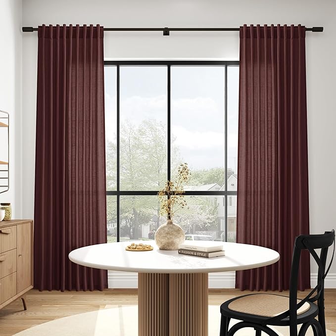 Nanspring Reddish Brown Linen Curtains 84 Inch Length 2 Panels Set for Living Room Back Tab Light Filtering Semi Sheer Curtain for Bedroom Farmhouse Drapes, 52x84 Inch, 2 Panels